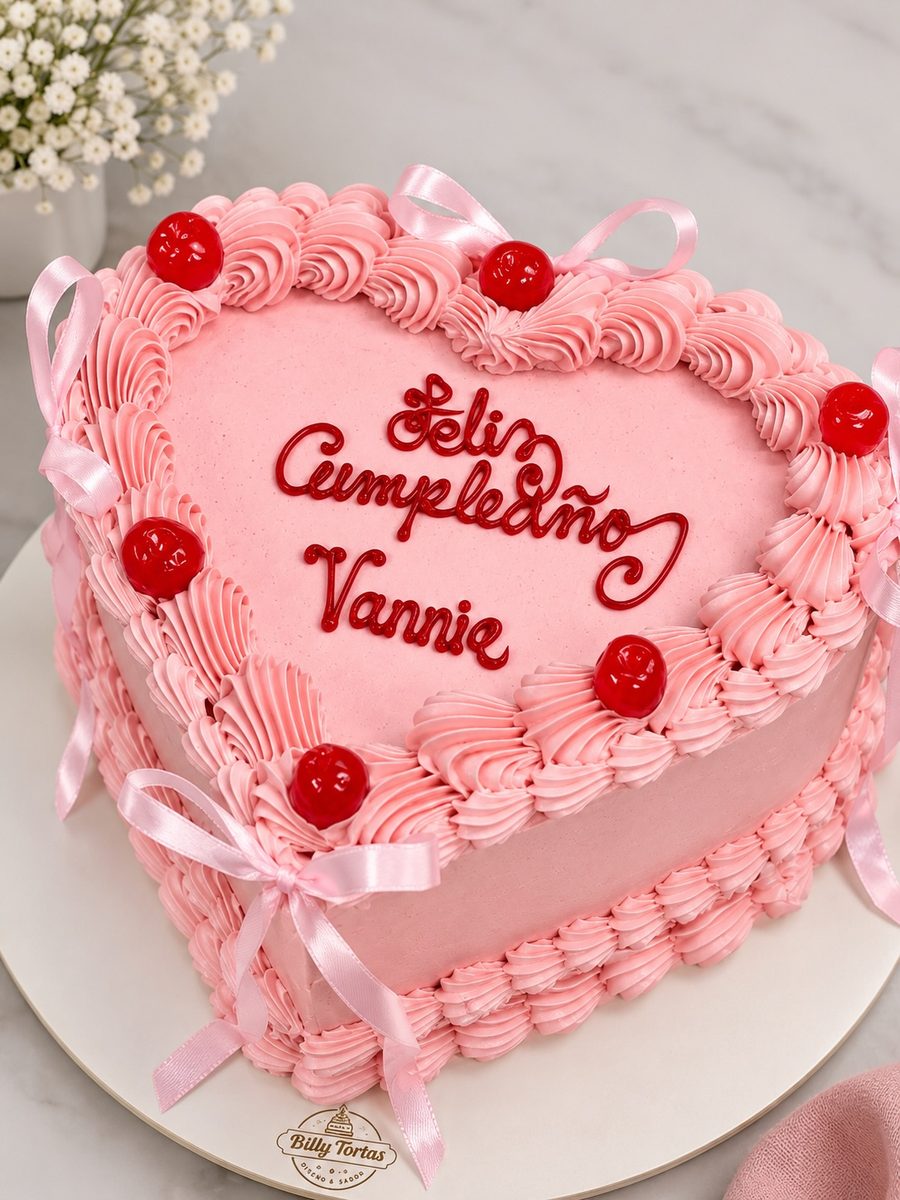 Torta corazón rosada con moños, cerezas y Feliz cumpleaños Vannie