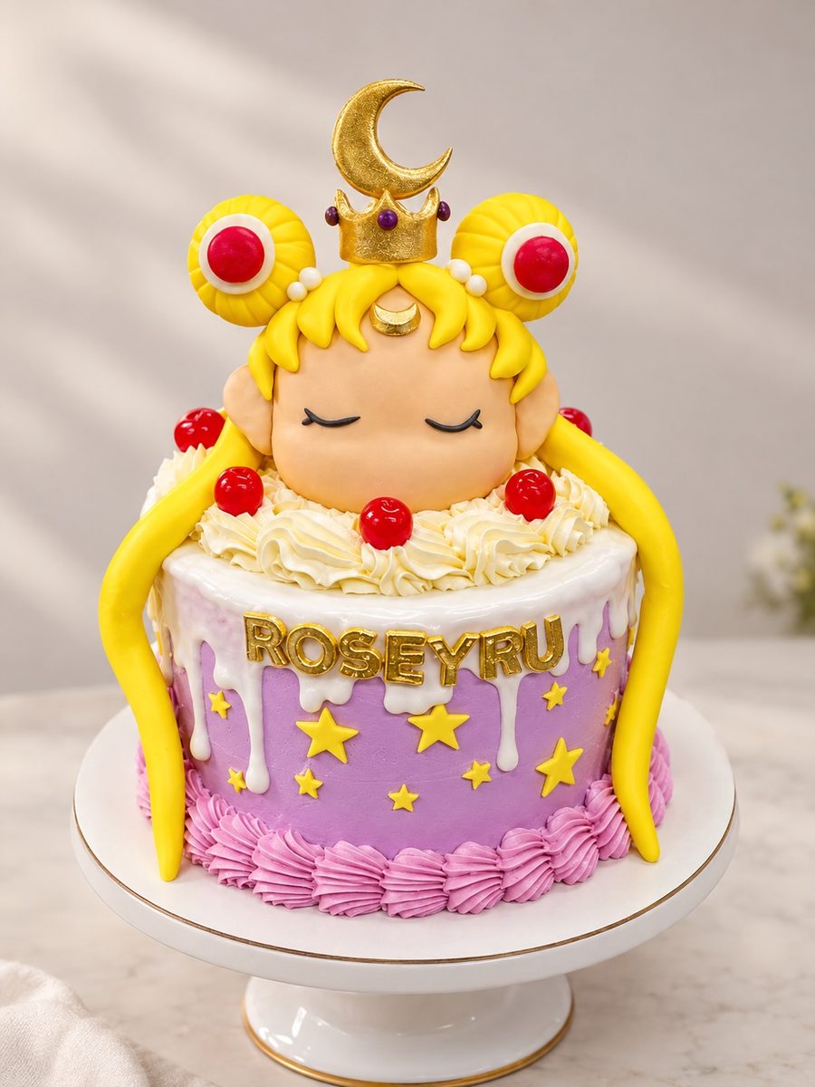 Torta de Sailor Moon con figura en fondant y nombre Roseybu